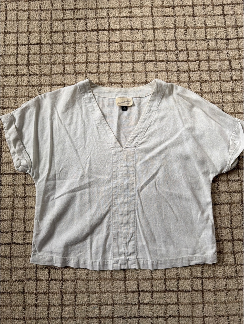 Women's Linen Blend Short Sleeve Shirt Blouse White Cottage Utility Minimalist